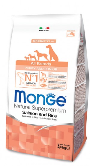 MONGE Dog ALL PUPPY & JUNIOR Salmon Rice sausā barība kucēniem Lasis, rīsi 12kg