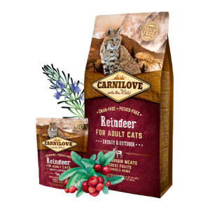 Carnilove Cat ENERGY & OUTDOOR Reindeer bezgraudu sausā kaķu barība kaķiem Briedis, mežacūka 2kg