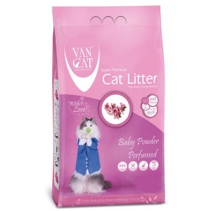 VAN CAT Compact cementējošās smiltis kaķu tualetēm BABY POWDER 15kg