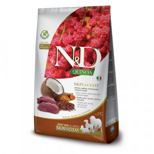 Natural & Delicious DOG GF ADULT SKIN COAT ALL BREED bezgraudu sausā barība suņiem Briedis, kvinoja 7kg