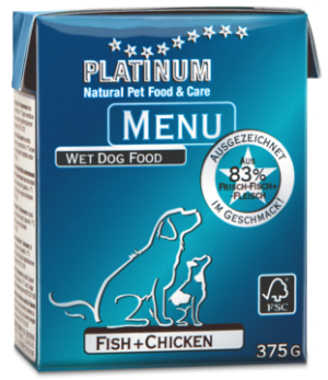Platinum Fish Chicken suņu konservi ar vistu un zivīm 375g x12