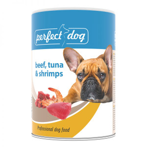 Perfect Dog Beef Tuna Shrimps suņu konservi Liellops, tuncis, garneles 400g