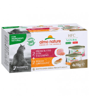 Almo Nature Cat Natural kaķu konservi Grilēta vista, Šķiņķis ar tītaru Multipack 4x70g