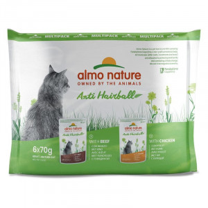 Almo Nature Cat Holistic ANTI-HAIRBALL kaķu konservi Liellops, Vista Multipack 6x70g