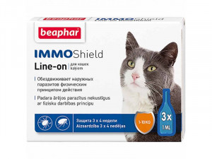 Beaphar IMMO SHIELD LINE-ON CAT pilieni kaķiem pret ērcēm, blusām 3gb x 1ml