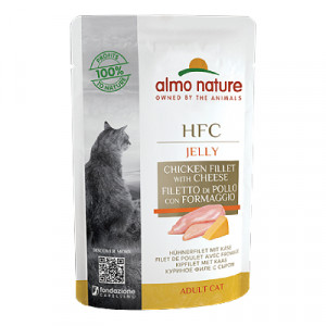 Almo Nature Cat HFC Jelly Chicken Fillet & Cheese konservi kaķiem Vista ar sieru želejā 55g