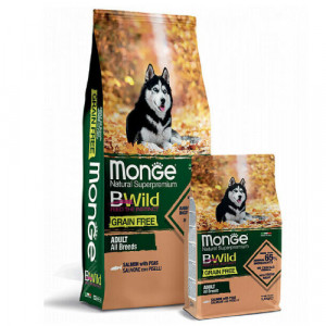 MONGE Dog BWILD GF Salmon, Peas bezgraudu sausā suņu barība Lasis, zirņi 12kg