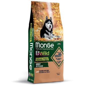 MONGE DOG BWILD SALMON bezgraudu sausā suņu barība Lasis, zirņi 12kg