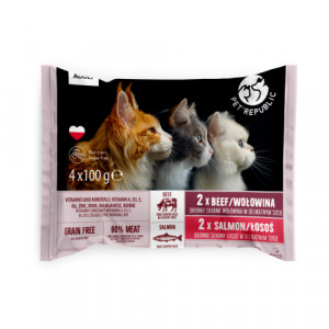 PetRepublic Cat Salmon Beef konservi kaķiem Lasis, liellops mērcē MIX 4x100g