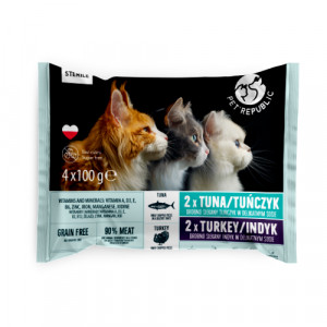 PetRepublic Cat Sterilised Tuna Turkey konservi kaķiem Tuncis, tītars mērcē MIX 4x100g