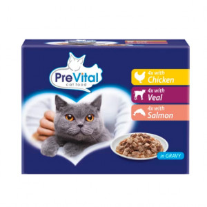 PreVital Pouch GRAVY MIX konservi kaķiem mērcē Vista, teļš, lasis 12x100g