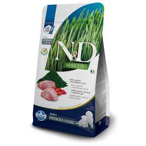 Natural & Delicious DOG GF PUPPY M/L bezgraudu sausā barība kucēniem Jērs, spirulīna 7kg